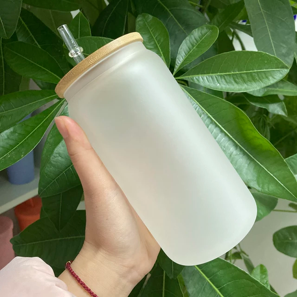 16 oz CLEAR Sublimation soda glass jar w/ bamboo lid